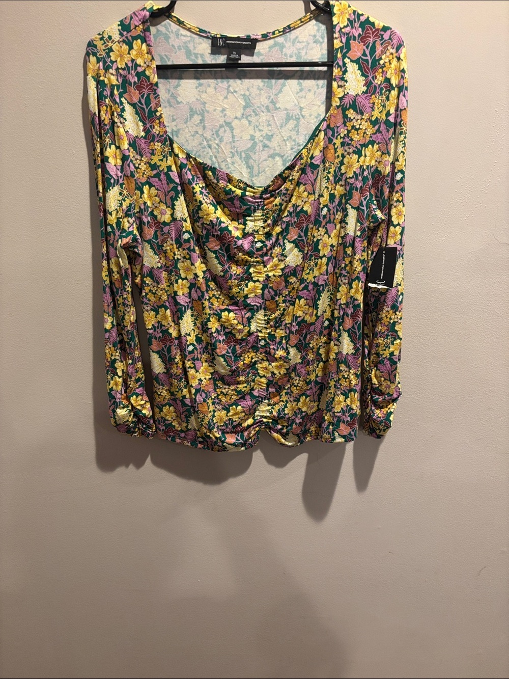 INC International Concepts Yellow Pink Green Floral Ruched Long-Sleeve Blouse